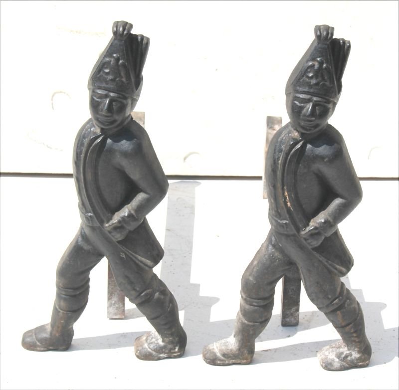 pr of antique Hessian form cast iron andirons - 19" (1 of 2)