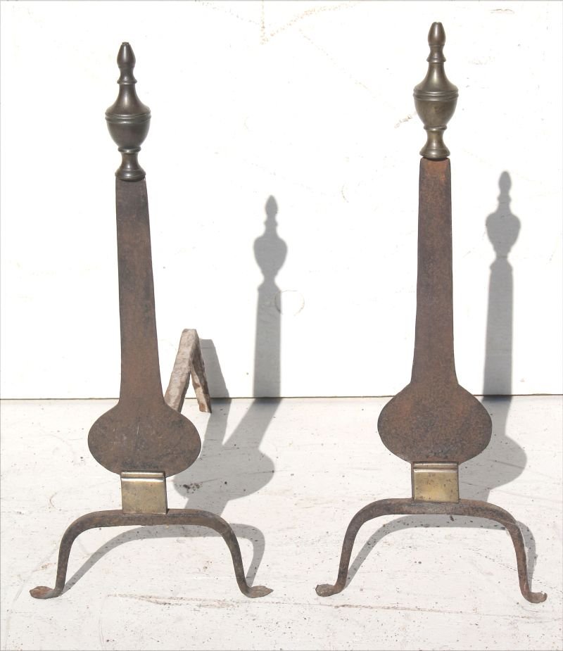 pr of early knifeblade iron andirons w brass finials & (1 of 2)