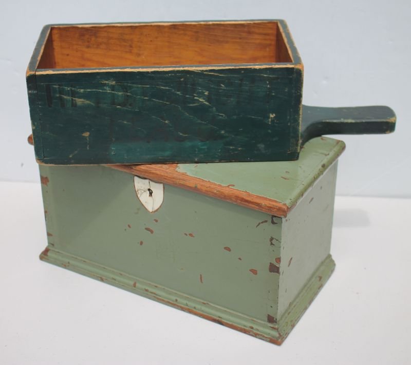 lot of 2 pcs antique treen incl small dovetailed box w: lot of 2 pcs antique treen incl small dovetailed box w bone escutcheon in old green paint together with an orig blue/green collections box w handle faintly marked "Htfd Twilight League" - 12 1/2" long