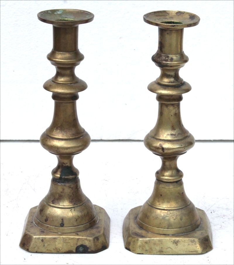 pr of antique brass turned candlesticks - 8 1/2" tall (1 of 3)