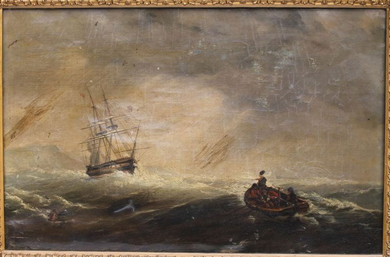 13"x20" o/c 19thC marine scene in vintage frame (1 of 5)