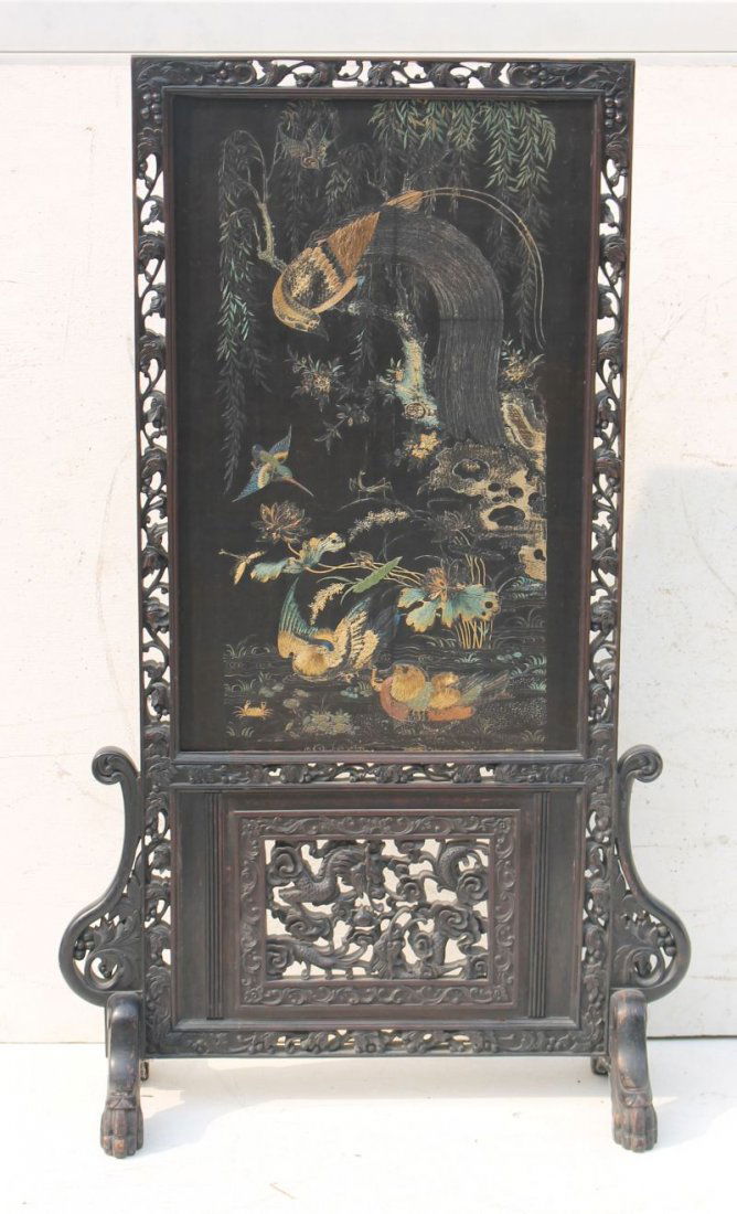 Carved Chinese antique screen featuring fine needlework (1 of 3)
