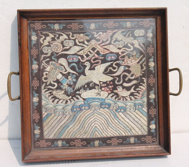 antique Chinese forbidden stitch framed in tea tray - (1 of 3)