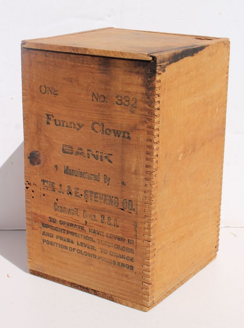 Rare 19thC J&E Stevens Co "Funny Clown" bank wooden BOX (1 of 3)
