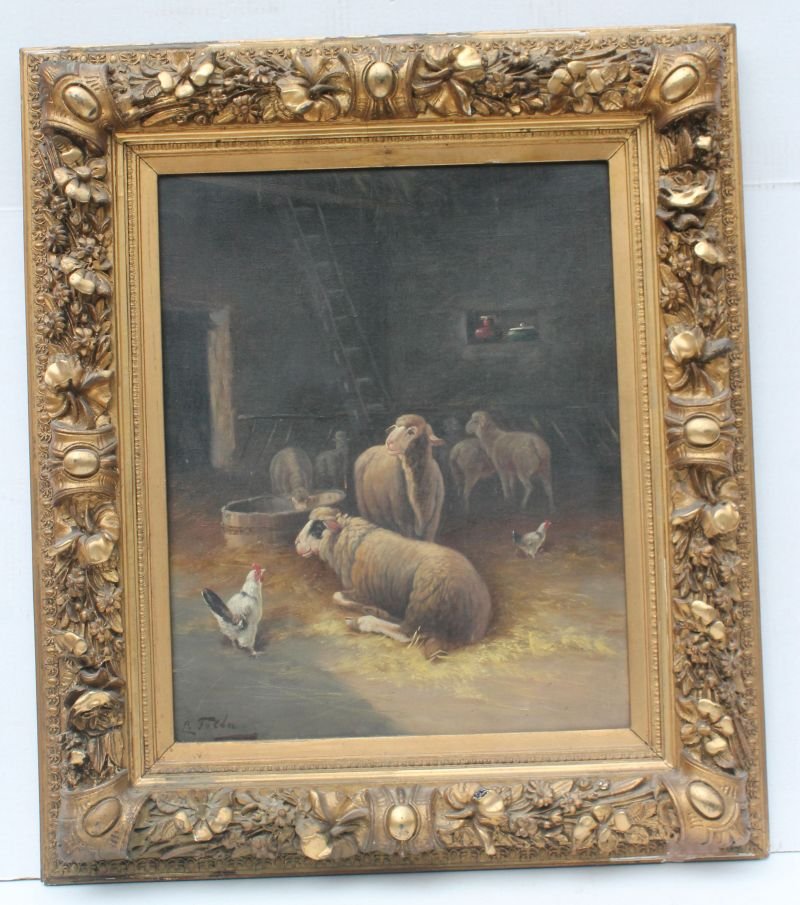 sgnd L. Foeda (?) 21"x16 3/4" o/c barnyard scene w (1 of 5)