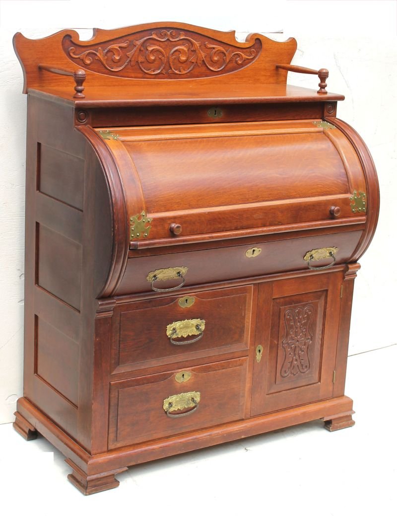 fine Vict carved oak cylinder front secretary desk w (1 of 4)