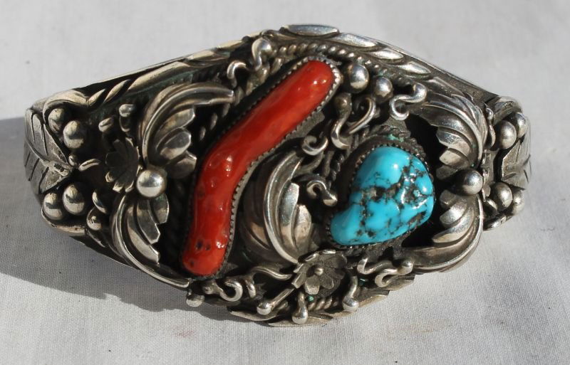Native American fine sterling, turquoise & coral cuff (1 of 1)