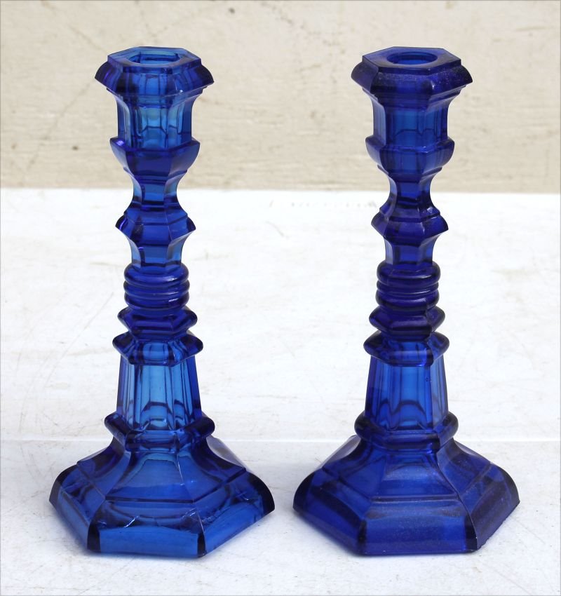 pr of 19thC attrib Sandwich cobalt blue hexagonal based (1 of 3)