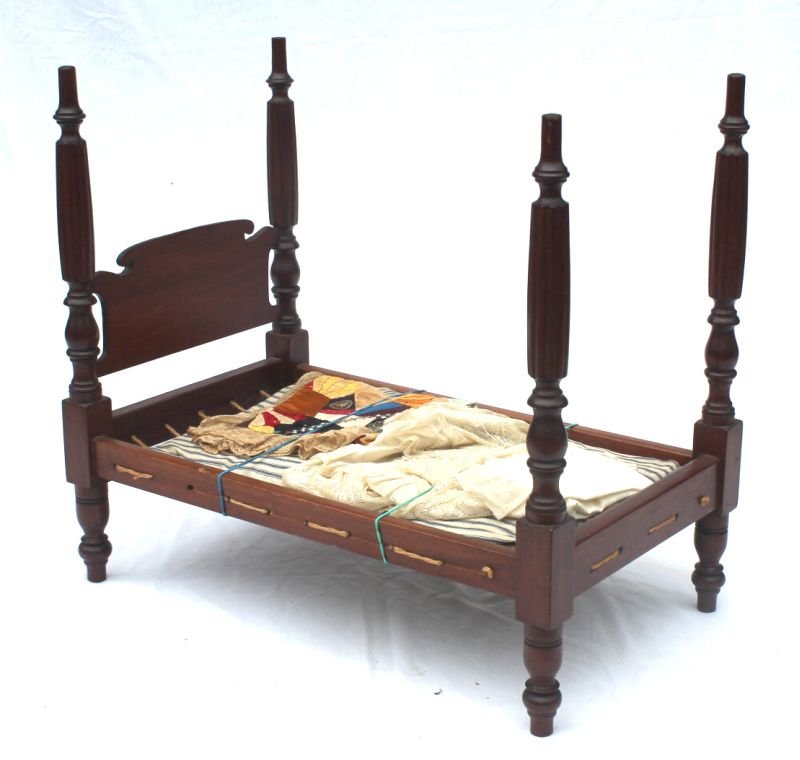 antique mahog doll's 4 poster rope bed w straw (1 of 2)