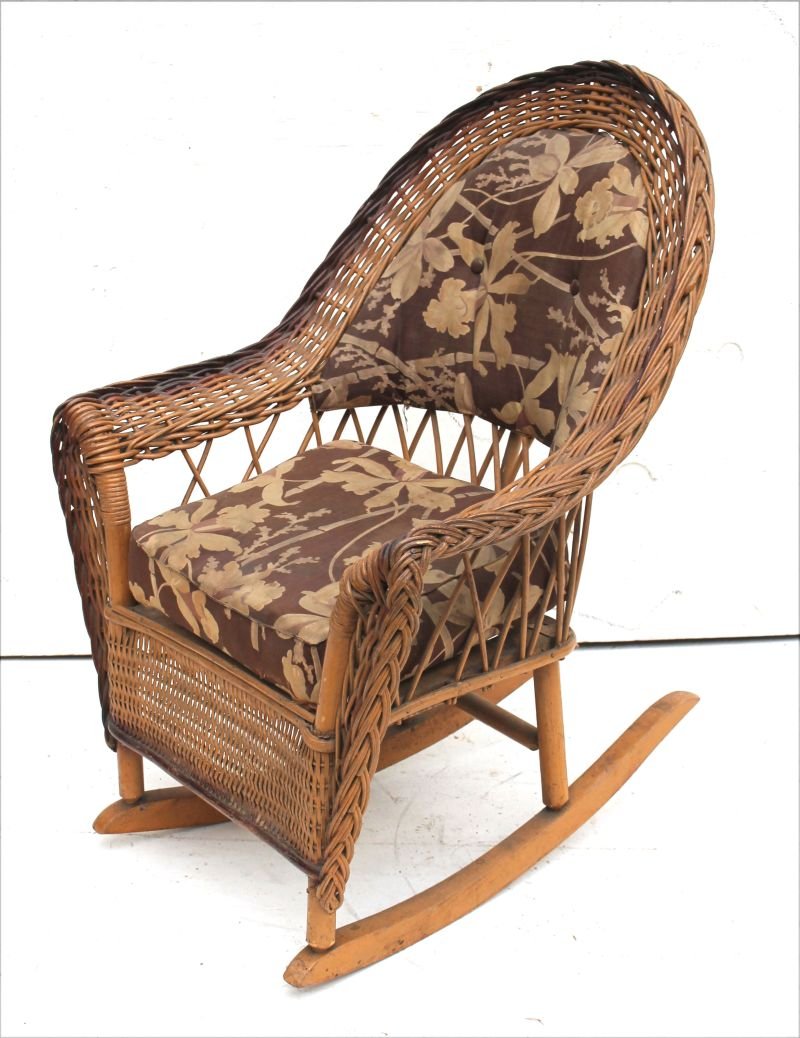 Antique child's wicker rocker w upholstered back & seat (1 of 2)