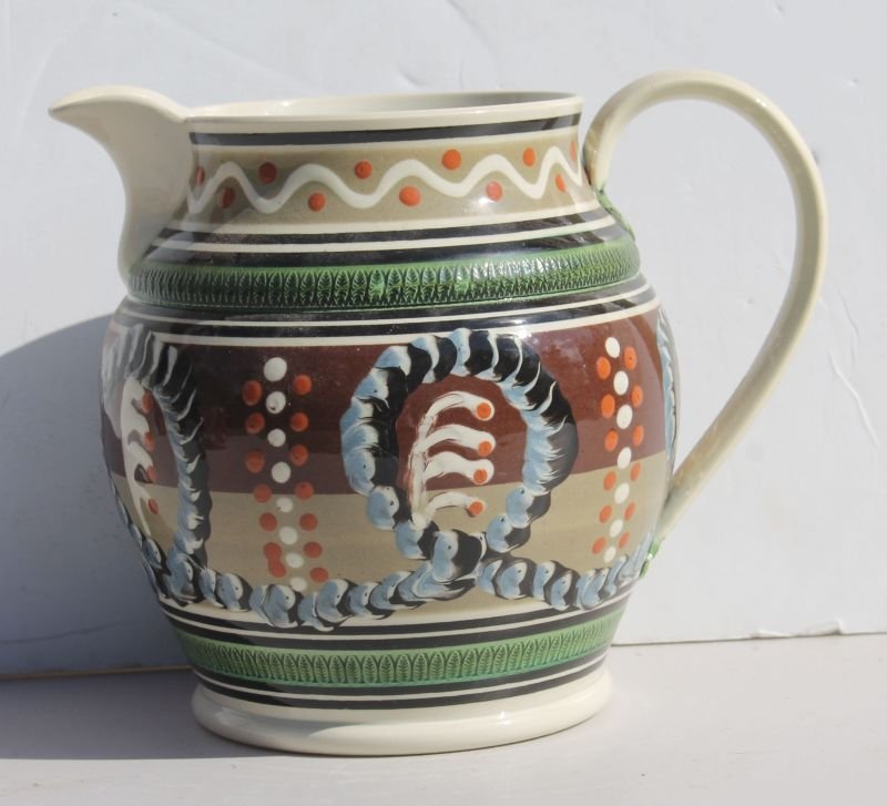 Magnificent large Mochaware pitcher marked D.G. (1 of 5)