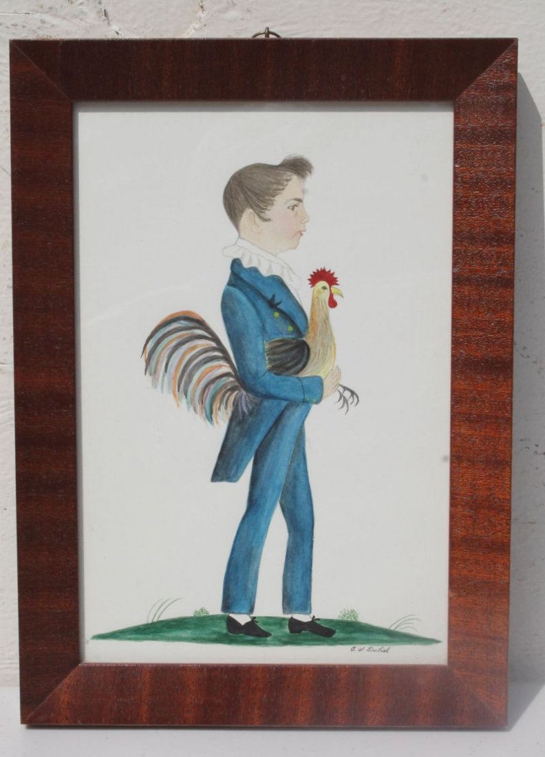 Evelyn S. Dubiel (born 1922) 9" x 6" w/c titled "Henry: Evelyn S. Dubiel (born 1922) 9" x 6" w/c titled "Henry Francis du Pont, Winterthur Museum" after Jacob Maentel ca 1815 - Dubiel is often referred to as America's foremost living Folk Artist - Provenan