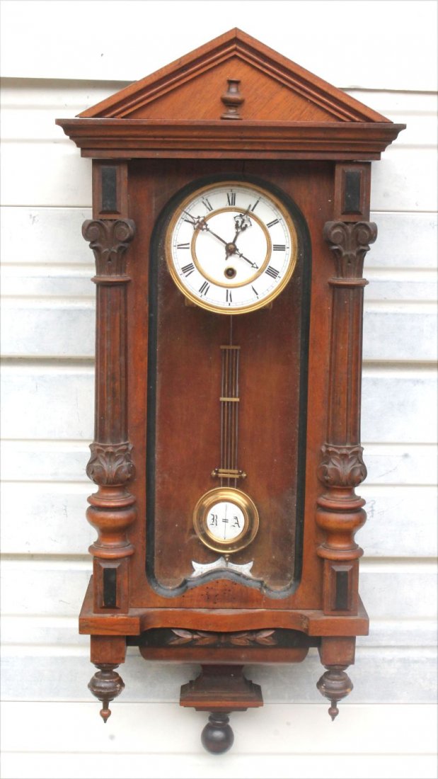 19thC fine carved case wall clock w porcelain dial & (1 of 1)