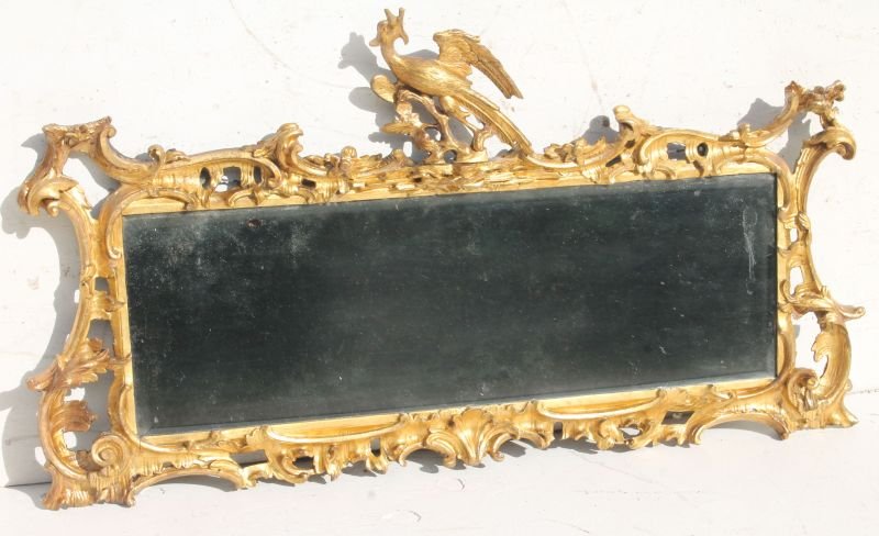 Great period Chippendale rare horizontal configured: Great period Chippendale rare horizontal configured gilt carved mirror w orig beveled glass & Hoho bird crest - See "Designs of Thomas Chippendale" - approx 25" tall x 46" wide
