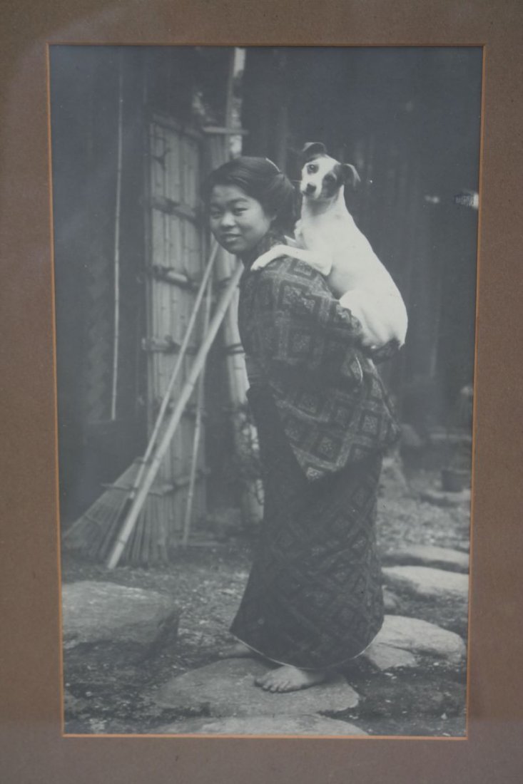 10 1/2" x 6 1/4" sight size antique photo of a Chinese: 10 1/2" x 6 1/4" sight size antique photo of a Chinese girl carrying her dog on her back - framed & matted