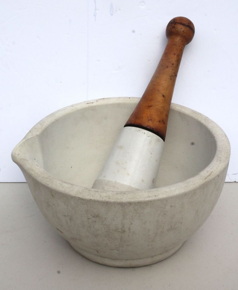 very large 19thC ironstone mortar w ironstone & turned (1 of 3)