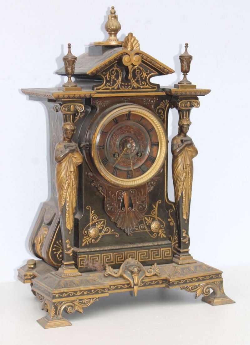 Antique Japy Freres bronze mantle clock w bronze dial, (1 of 10)