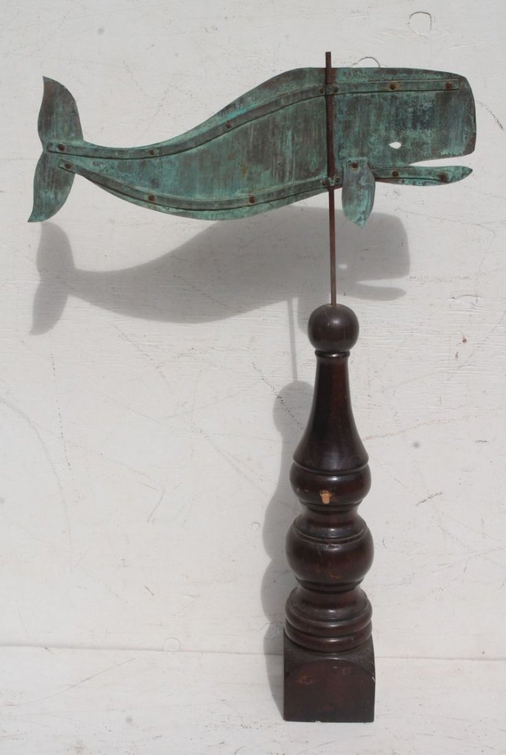 ca 1920 heavy gauge sheet copper Cape Cod graphic whale: ca 1920 heavy gauge sheet copper Cape Cod graphic whale weathervane in verdigris surface w traces of copper colored paint, iron riveted copper bracing, applied & riveted flukes, open mouth & pierced e
