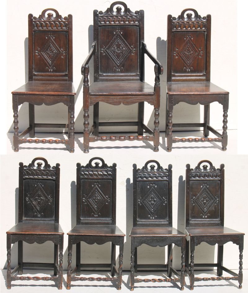 Great set of 7 ca 1820-1840 American carved oak chairs (1 of 6)