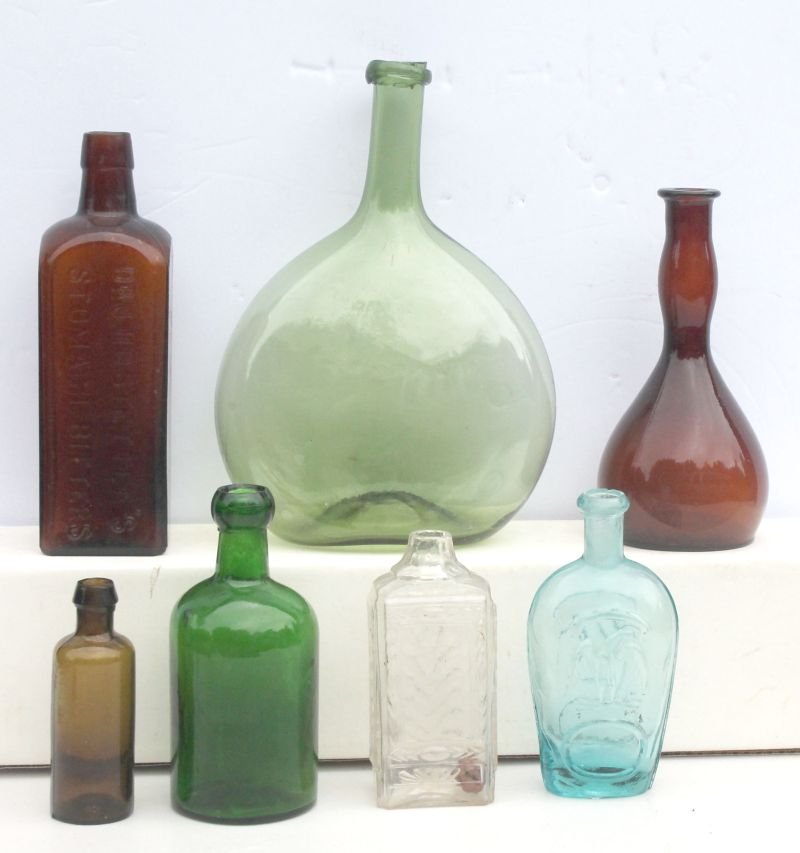 lot of 7 antique glass bottles - 5 different colors & 1 (1 of 6)