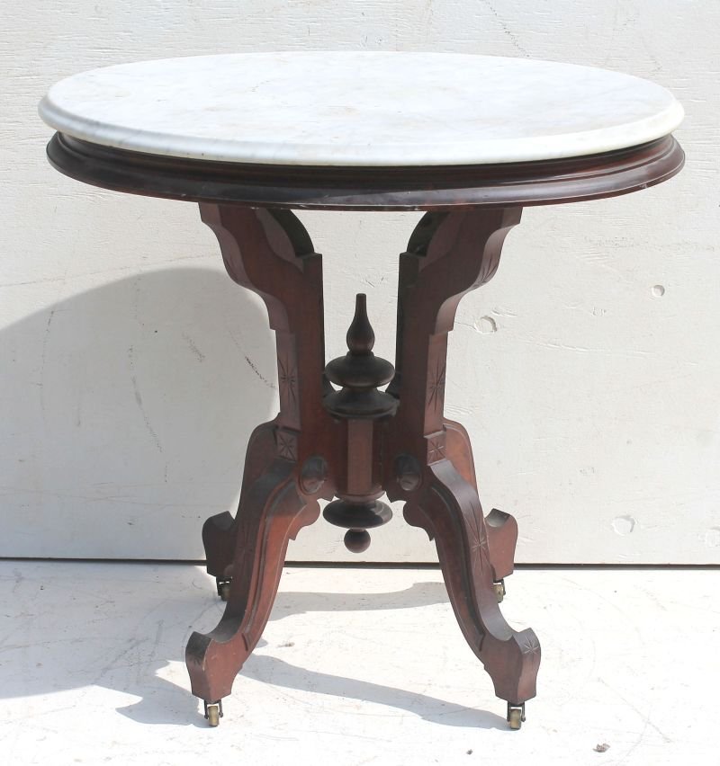 Vict carved walnut oval marble top table w urn finial (1 of 3)