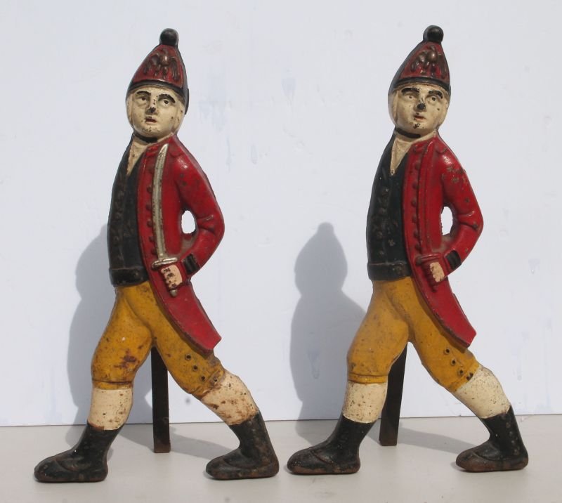 rare pr of ca 1920 American cast iron vibrant red: rare pr of ca 1920 American cast iron vibrant red polychrome painted Hessian Soldier andirons - 19" tall