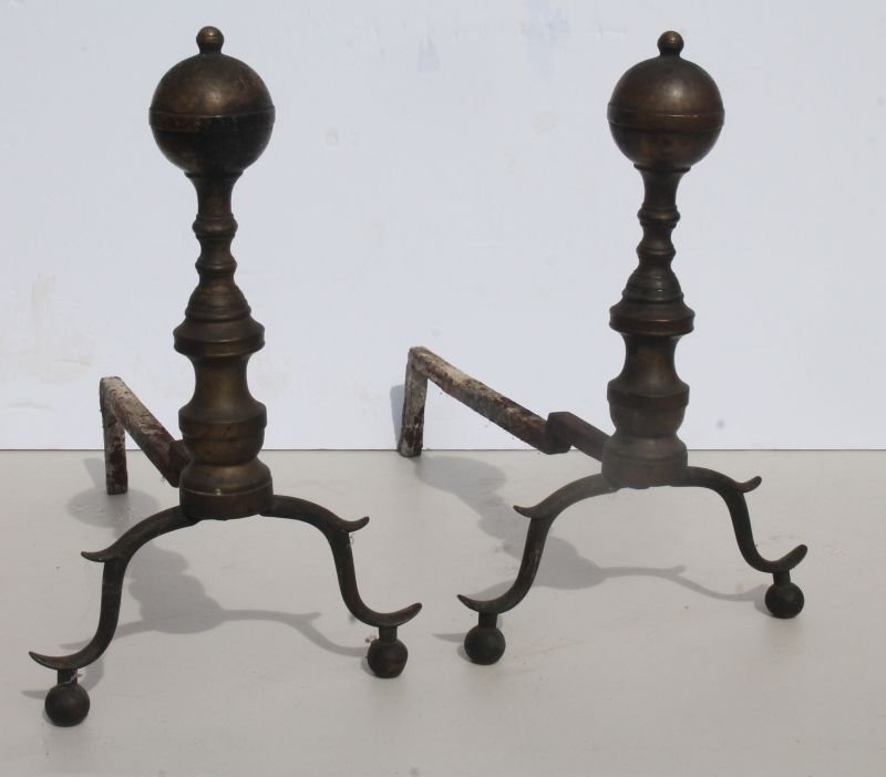 pr of early 19thC brass cannonball andirons - 15" tall (1 of 2)