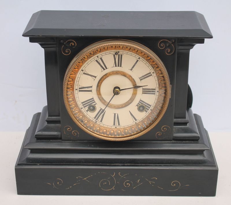 19thC Ansonia slate mantle clock w incised gilded dec - (1 of 3)