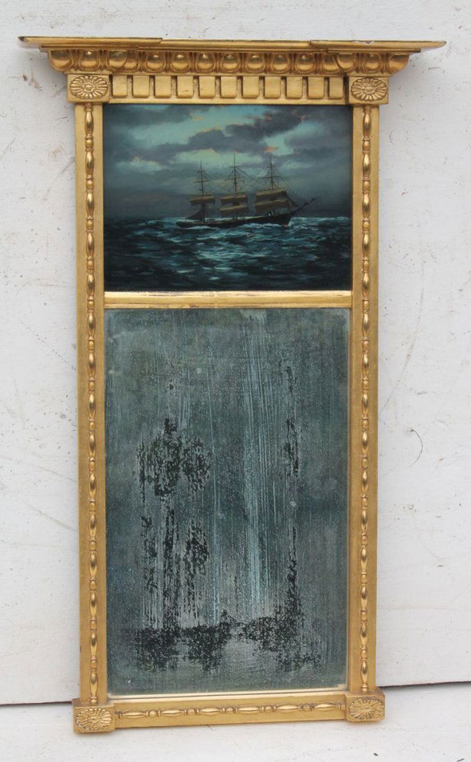 19thC 2 section mirror w fine carving & reverse painted (1 of 3)