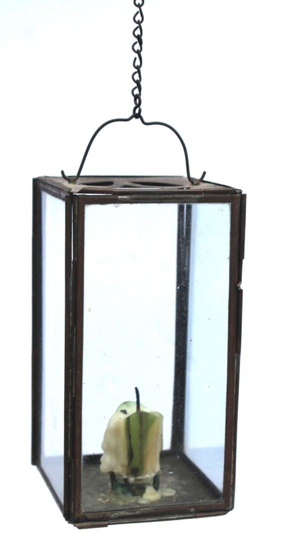 early 19thC rare travelling tin & glass candle lantern (1 of 3)