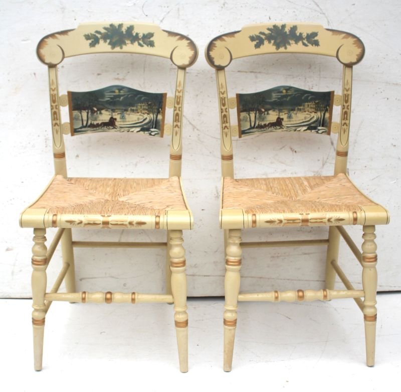 pr of fine ltd ed. (#391 & #417/ 2000) sgnd Hitchcock: pr of fine ltd ed. (#391 & #417/ 2000) sgnd Hitchcock stenciled chairs in white w inset rush seats & winter sleigh scenic & holly berry dec - Note: These were specially produced for Christmas 1986 - 3