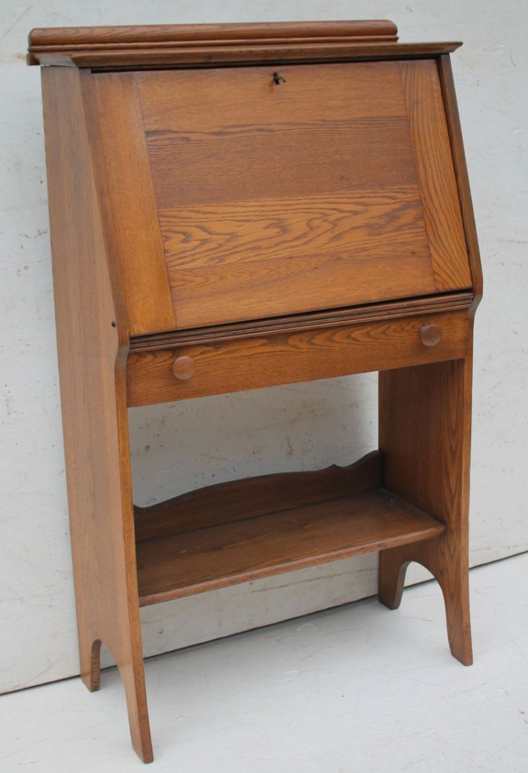 antique oak slant lid desk w cut out base, single: antique oak slant lid desk w cut out base, single drawer & fitted interior - 46" tall x 27 1/2" wide x 12" deep - Monson farmhouse