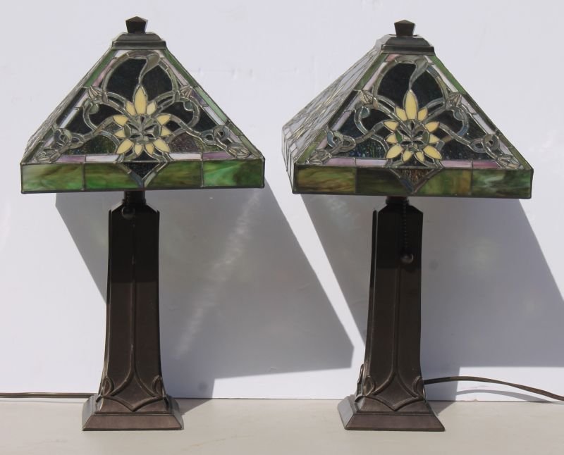 pr of leaded slag glass 4 panel table lamps - 18 1/2" (1 of 4)