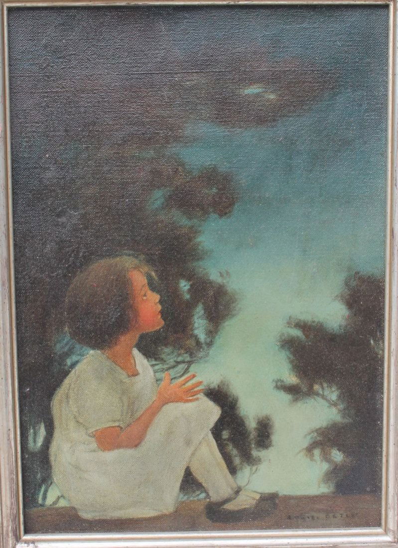 illegibly sgnd ca 1910 12"x8 1/2" o/c young girl in: illegibly sgnd ca 1910 12"x8 1/2" o/c young girl in twilight scene on a Summer's Eve (Maxfield Parrish type colors)