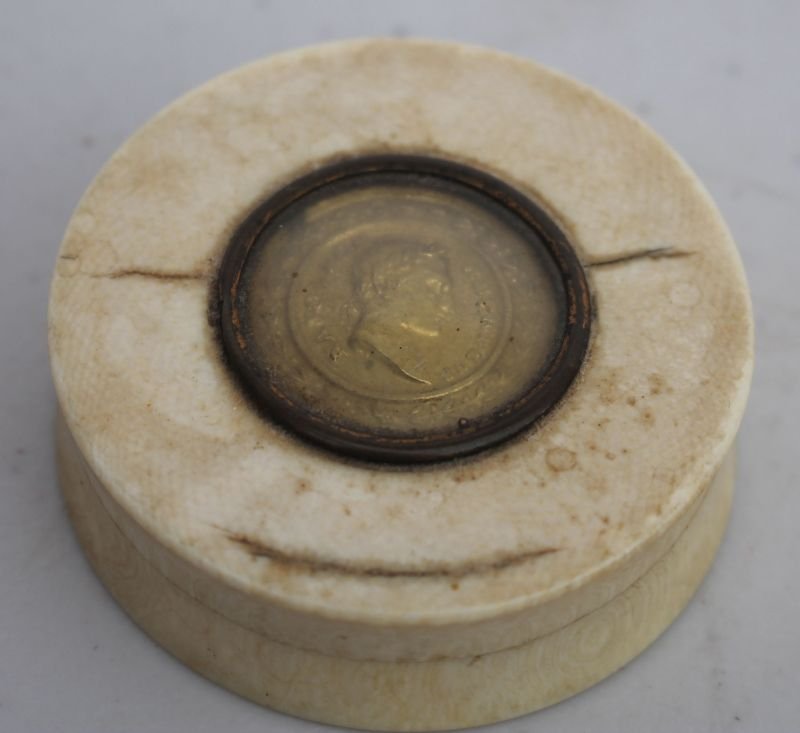 19thC ivory snuff box w antique coin inserted into top (1 of 4)