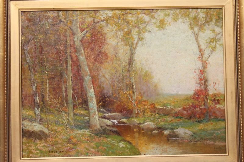Excellent Bruce Crane (1857-1937) 16"x22" o/c autumn: Excellent Bruce Crane (1857-1937) 16"x22" o/c autumn landscape - Amherst, MA private collection