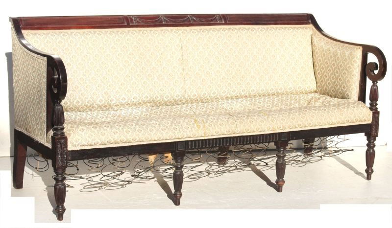 Fine form Period Sheraton ca 1800 school of Duncan: Fine form Period Sheraton ca 1800 school of Duncan Phyfe NYC carved mahog sofa - 71" long