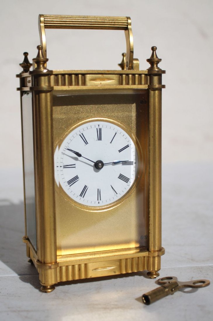19thC brass & glass carriage clock w orig case & key - (1 of 5)