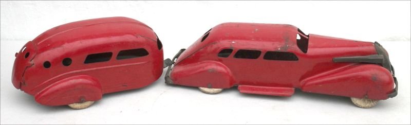 ca 1930's Wyandotte antique car & trailer in orig red (1 of 5)