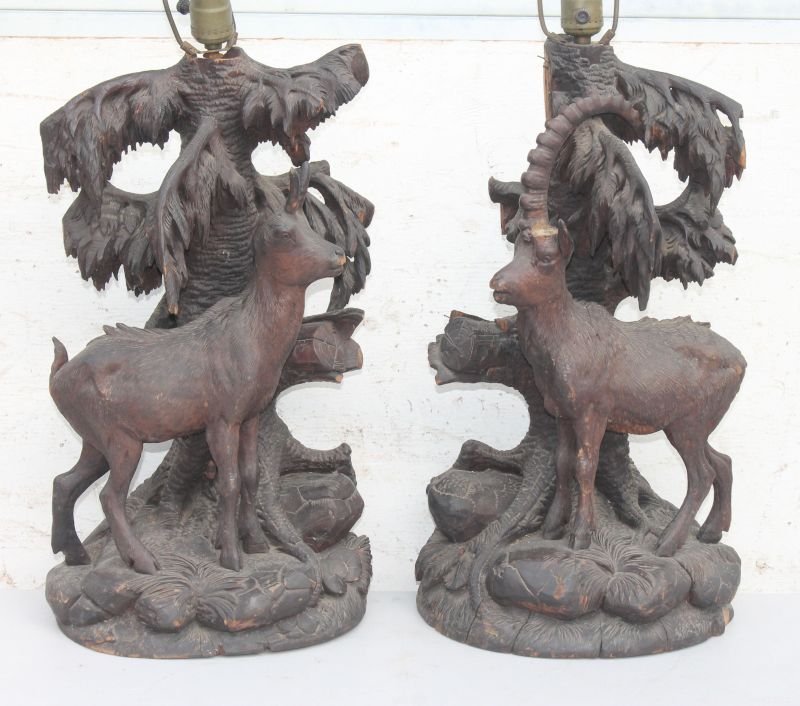 pr of antique Black Forest lg Ibex carvings converted: pr of antique Black Forest lg Ibex carvings converted to lamps - imperfections - 20" tall