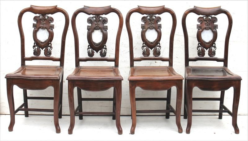 Pretty set of 4 Chinese rosewood carved chairs w marble (1 of 2)