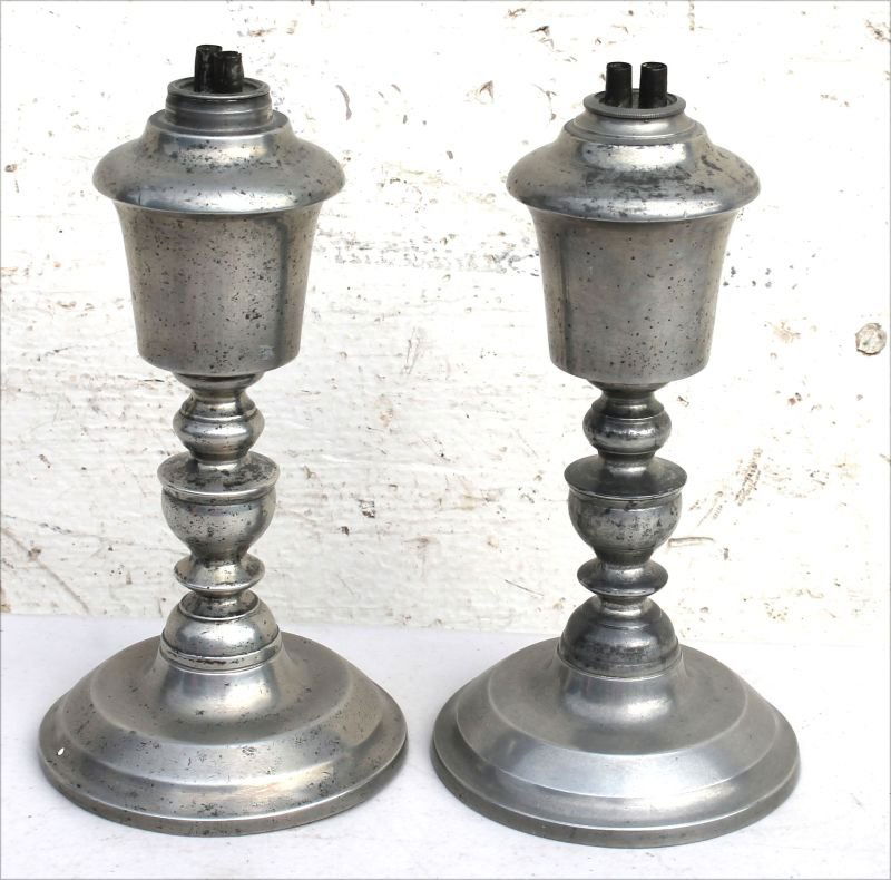 pr of 19thC pewter whale oil lamps sgnd E. Dunham - 8": pr of 19thC pewter whale oil lamps sgnd E. Dunham - 8" tall