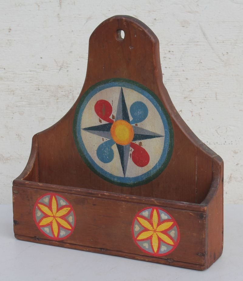 early 19thC pine wooden carved hanging box w fine later (1 of 2)