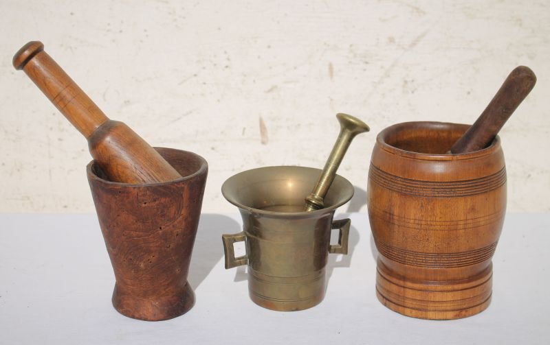 lot of 3 antique mortar & pestles - 2 wooden & 1 brass (1 of 2)