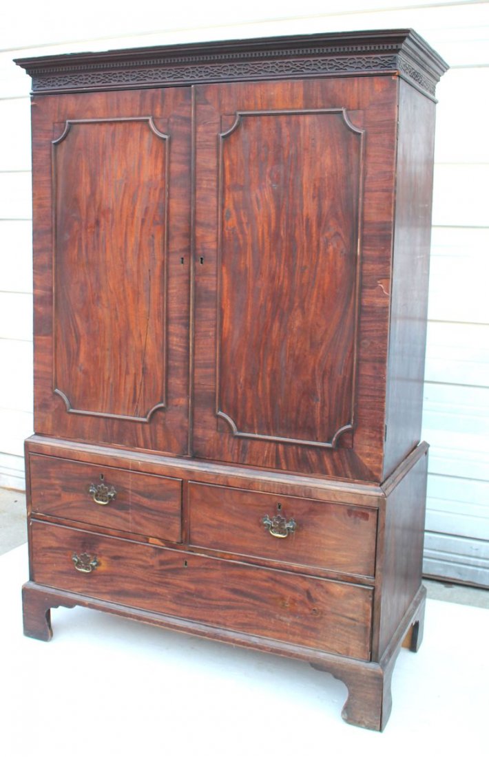 Fine George I (possibly Thomas Chippendale) ca: Fine George I (possibly Thomas Chippendale) ca 1735-1755 carved mahog linen press w interior sliding shelves - 76" tall x 49 1/4" wide x 23 1/2" deep