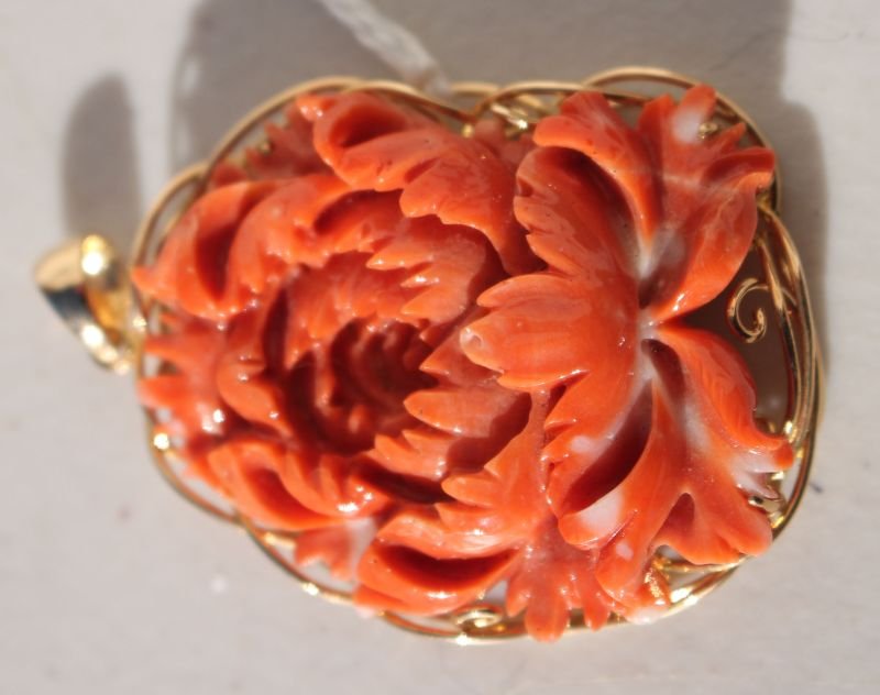 Chinese angel skin coral rose carved pendant w 14k gold (1 of 1)