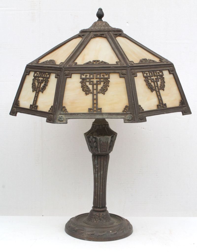 antique 8 panel carmel slag glass overlay lamp w shaped (1 of 2)