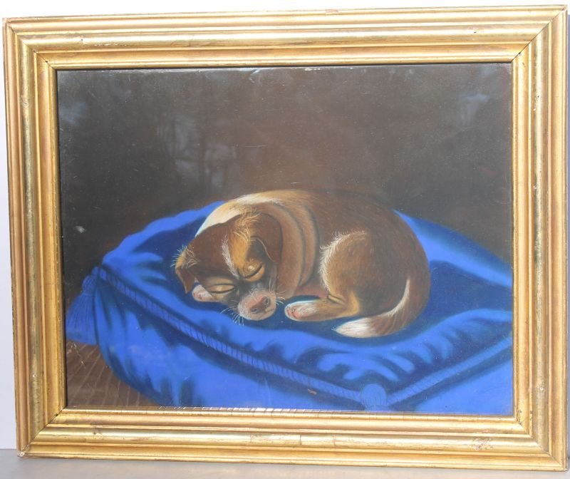 Wonderful antique 14"x18" pastel of a puppy resting on: Wonderful antique 14"x18" pastel of a puppy resting on a vibrant blue pillow in orig gilt frame