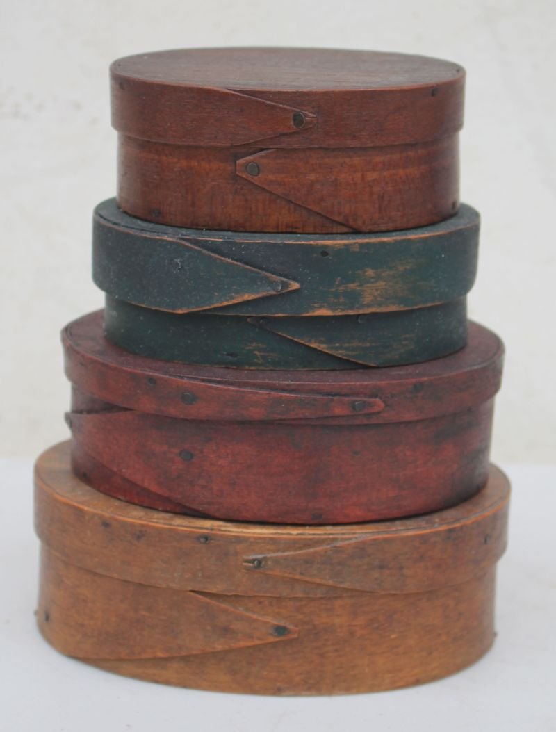 fine stack of 4 19thC oval finger lapped pantry boxes (1 of 2)