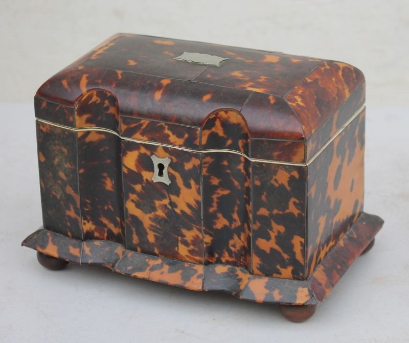 wonderful 18thC tortoise shell tea caddy w serpentine (1 of 3)